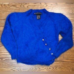 Vintage‎ 1990s Angora Rabbit Hair Blend Cobalt Blue Cropped Sweater Fuzzy Knit